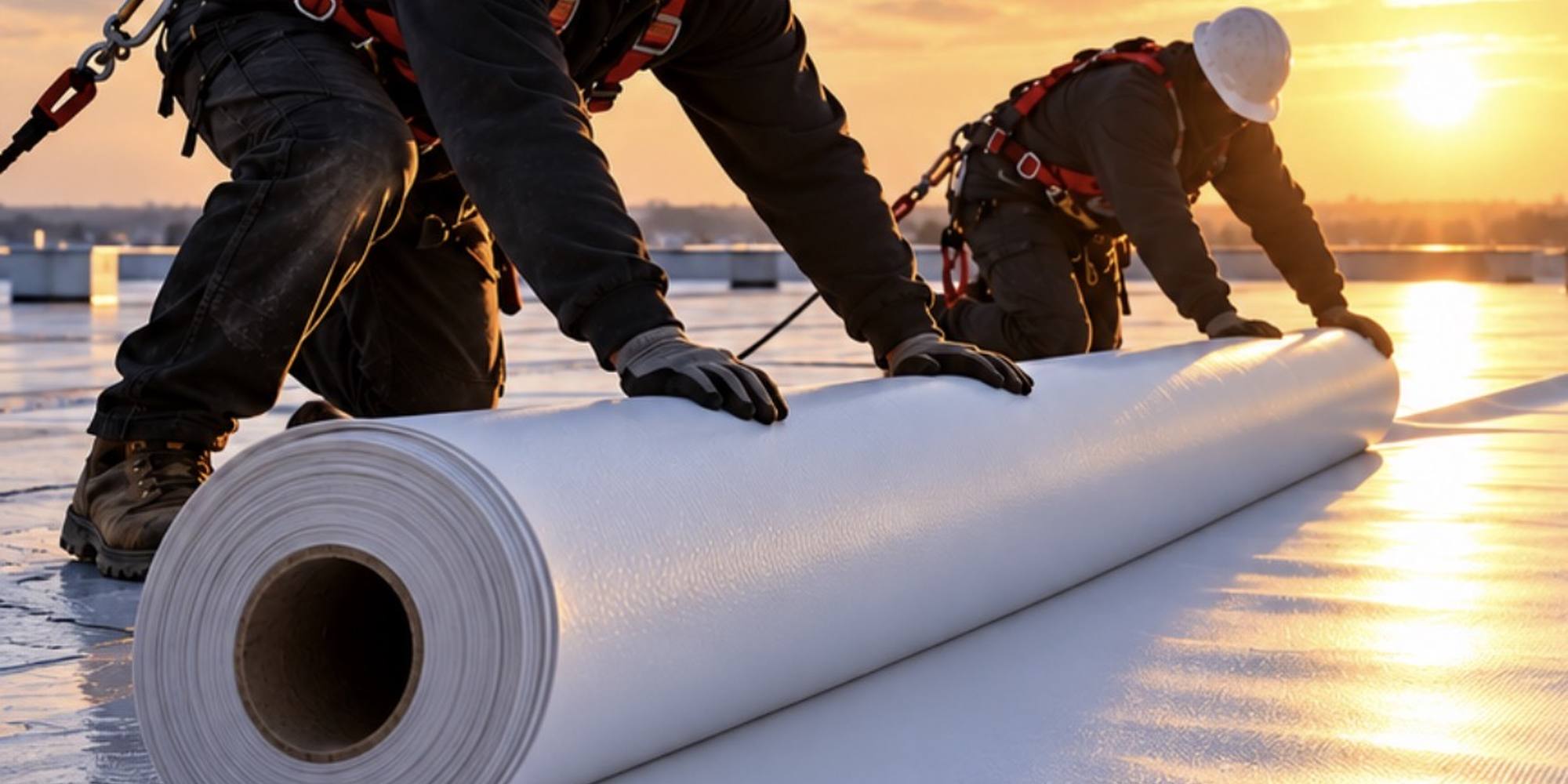 Nelson Roof Contracting crew unrolling white single-ply membrane on a commercial roof at sunset