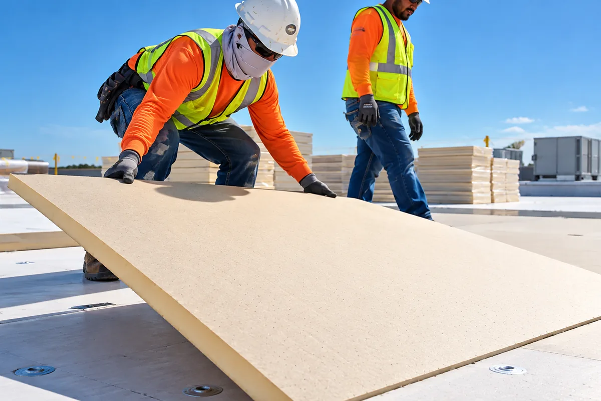 Two roofers laying insulation board on a commercial roof deck